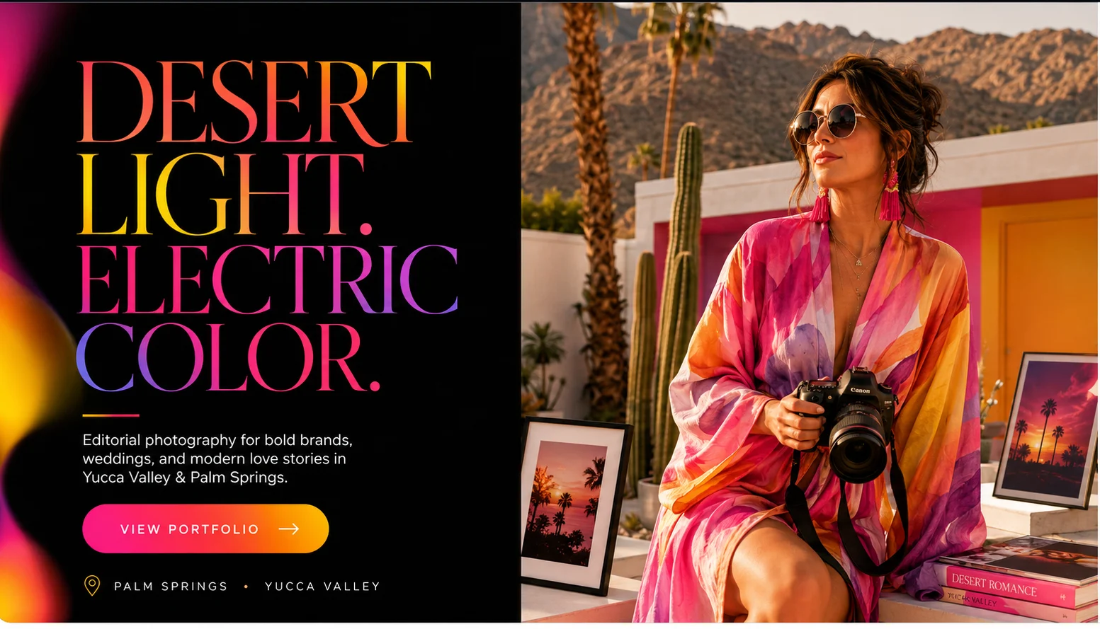 Homepage van Prism Palm Studio — grote kleurverloop-titel naast een fotograaf in de woestijn