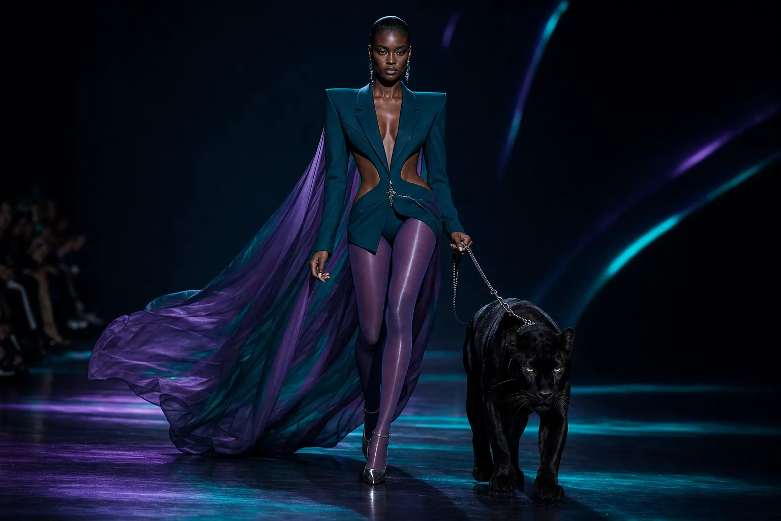 Sophisticated model in sculptural tailoring walking a panther on a leash