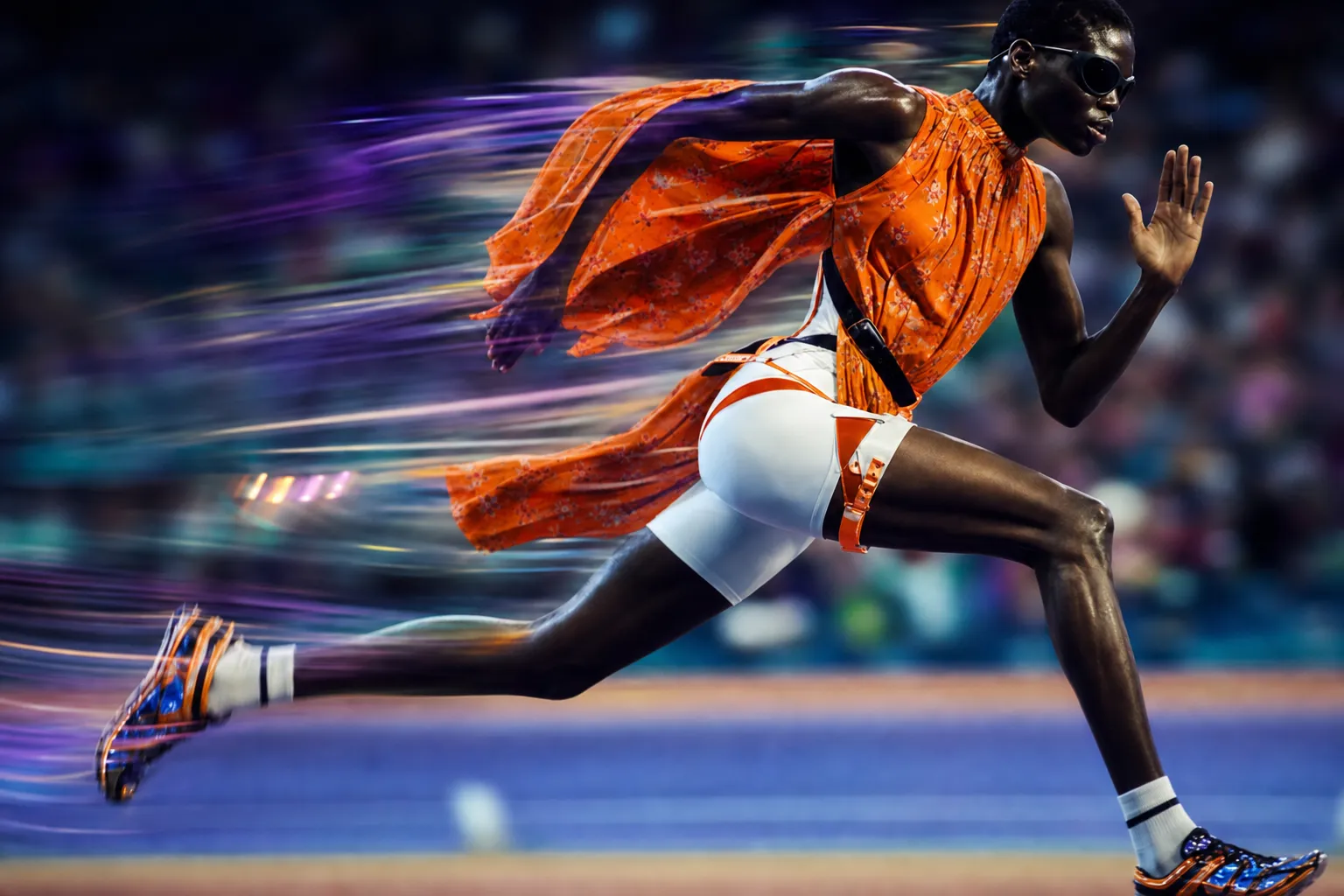 Sprinter caught mid-stride in explosive motion